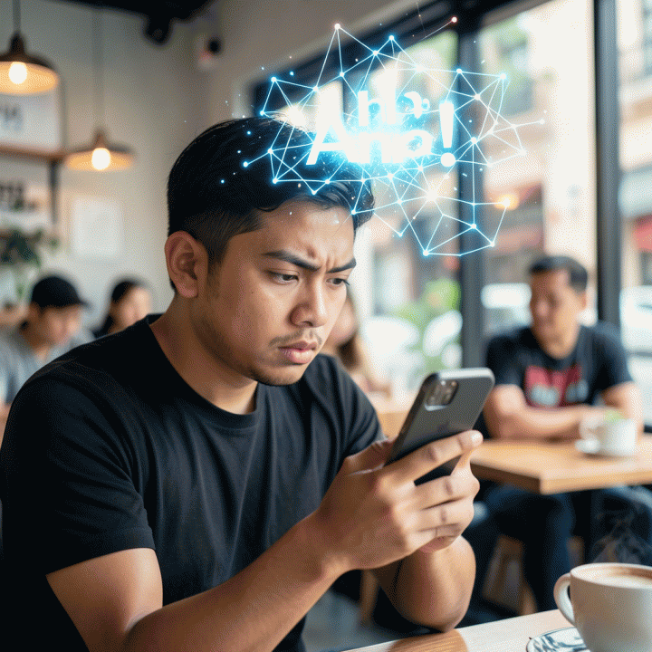 Ilustrasi visualisasi momen &lsquo;Aha!&rsquo; saat mencari hook video, dengan ide-ide bercahaya yang muncul di atas layar smartphone.