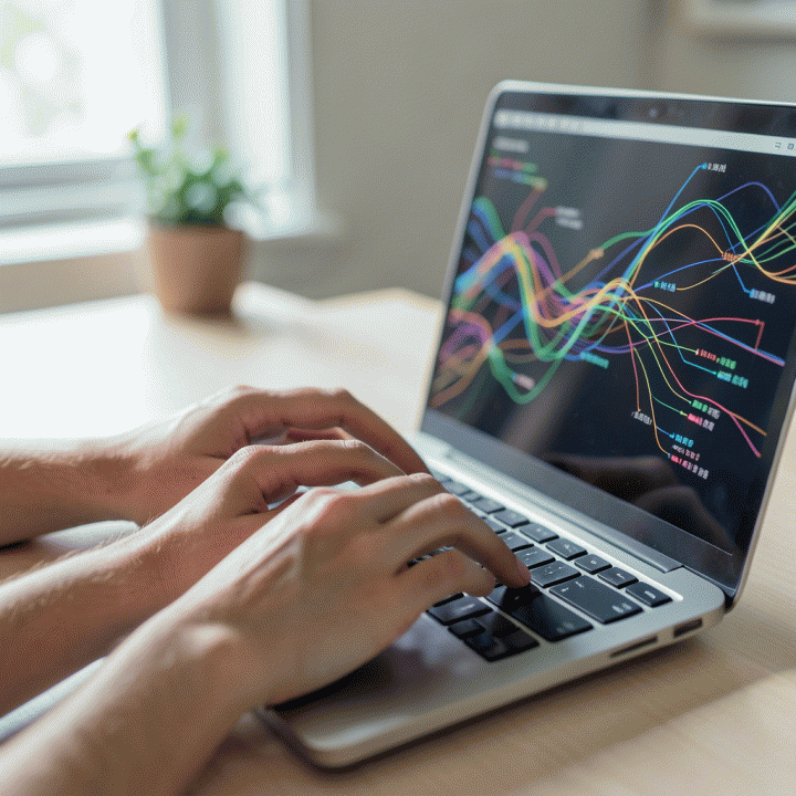 Tangan seorang profesional sedang bekerja dengan laptop, dengan visualisasi data abstrak di layar yang menunjukkan proses brainstorming dan ide konten yang mengalir.