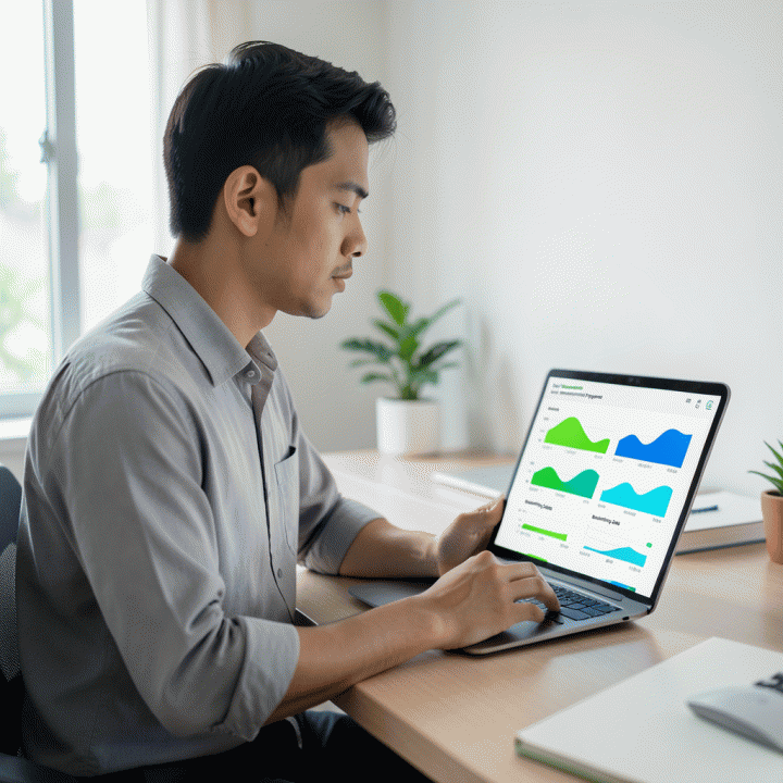 Seorang profesional muda Indonesia yang tampak tenang dan terkontrol saat meninjau dasbor keuangan digital yang menunjukkan kemajuan pelunasan utang dan perencanaan anggaran, melambangkan pengelolaan keuangan yang efektif.