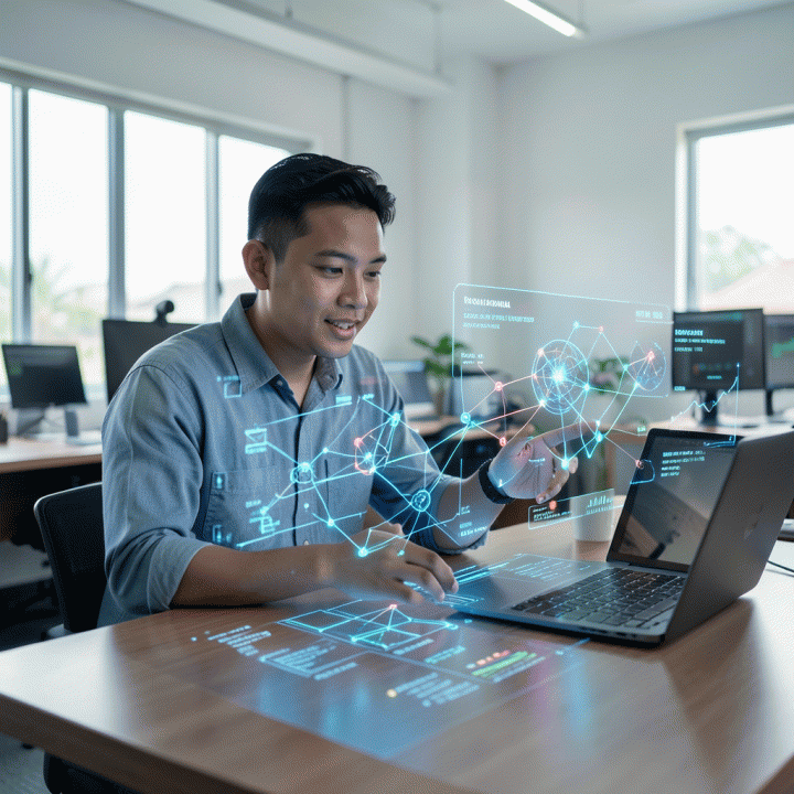 Seorang pemilik UMKM Indonesia yang bersemangat berinteraksi dengan antarmuka AI holografik di meja kerja modern, melambangkan solusi pemasaran digital yang cerdas dan efisien.