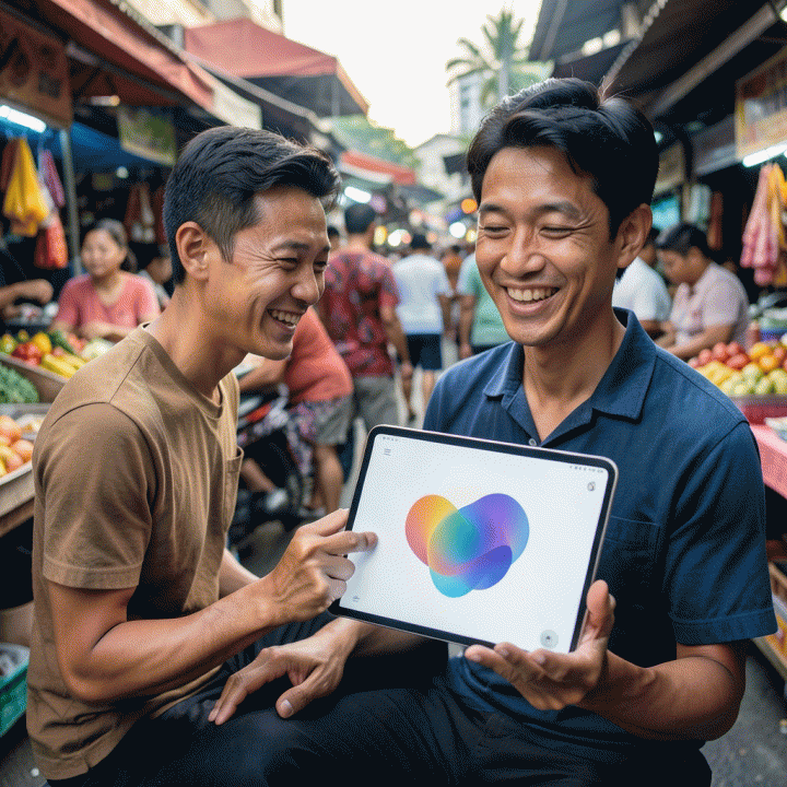Pengusaha UMKM di pasar tradisional modern menggunakan tablet untuk membuat konten iklan digital yang menarik, menunjukkan solusi teknologi untuk bisnis lokal.