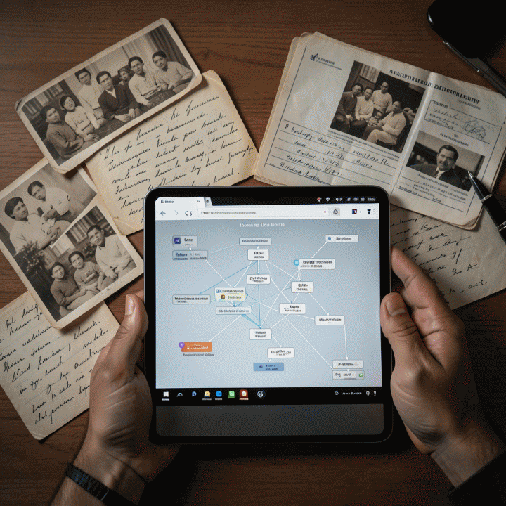 Transisi dari arsip fisik (foto lama, surat) ke peta silsilah digital yang terorganisir rapi pada layar tablet.