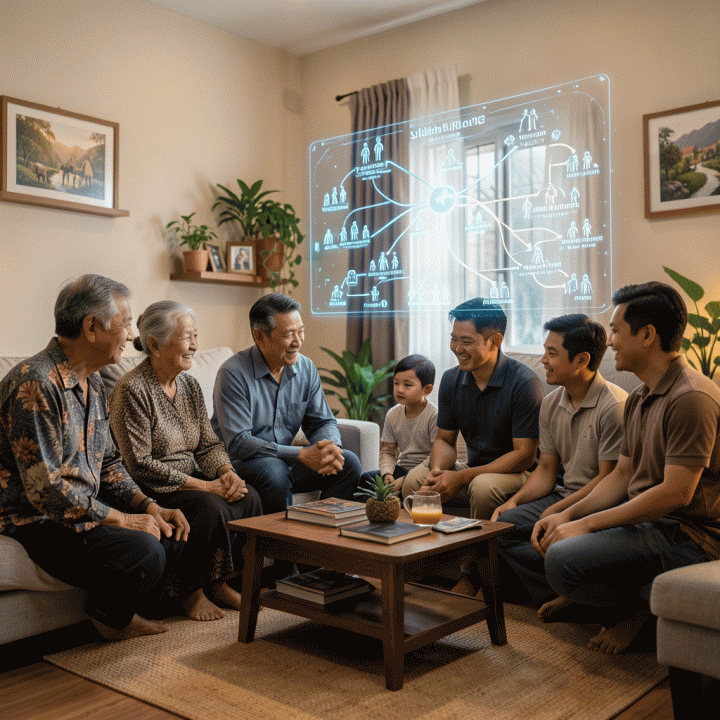 Keluarga lintas generasi Indonesia berkumpul bahagia, menatap proyeksi holografik peta silsilah keluarga digital yang rapi dan terstruktur.