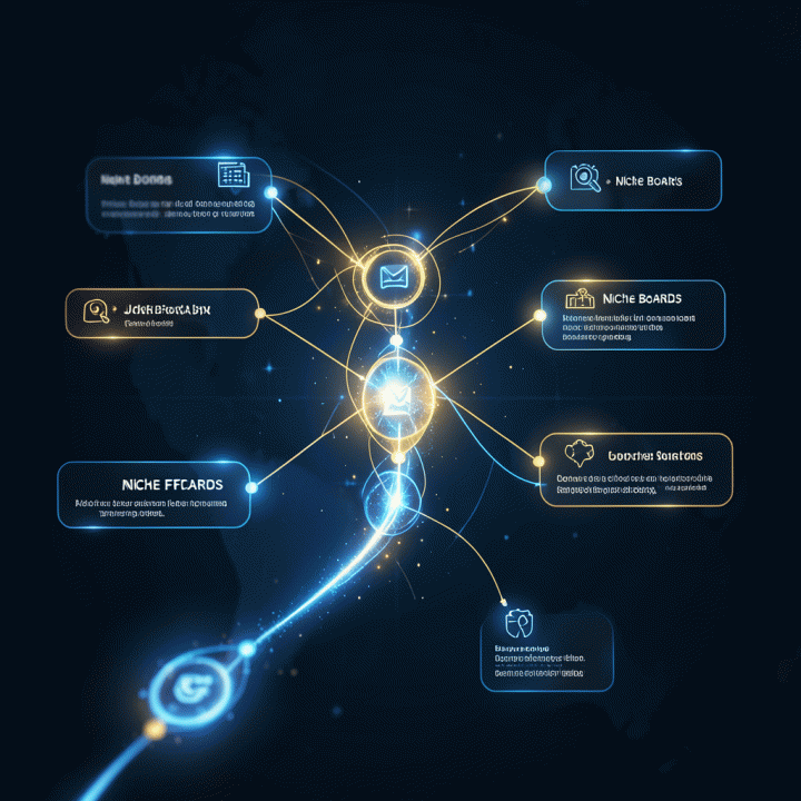 Peta perjalanan karir abstrak yang menunjukkan jalur paling efisien untuk mencari kerja melalui platform niche.