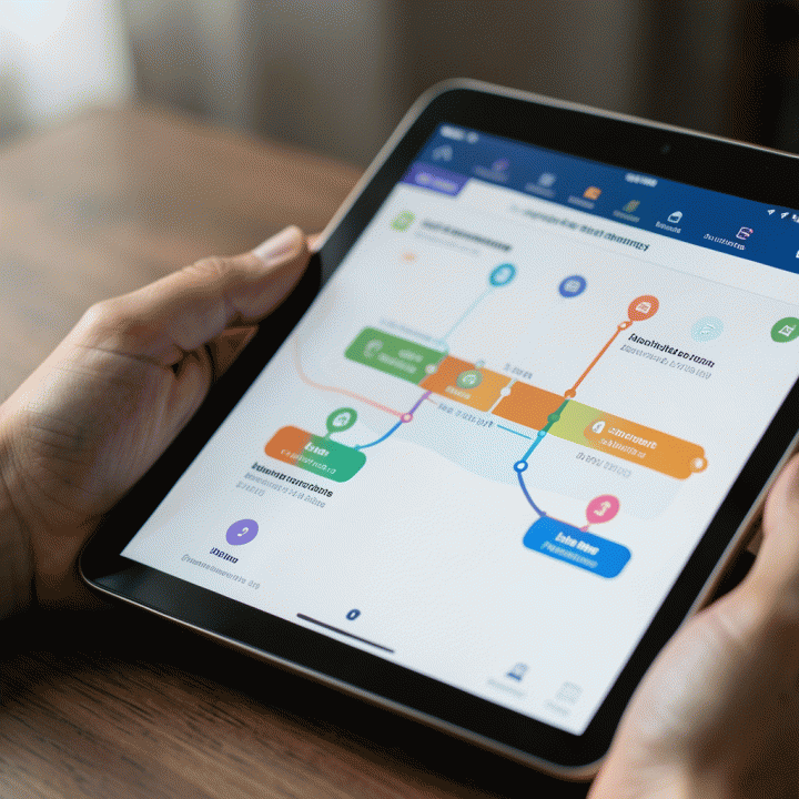 Tangan profesional menggunakan tablet untuk melacak status lamaran kerja di berbagai platform secara visual.