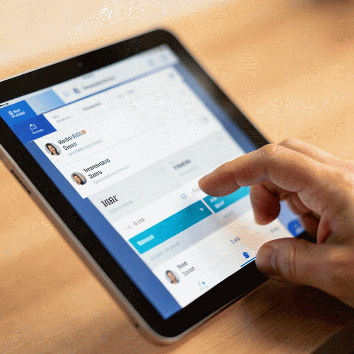 Hand interacting with a tablet showing a streamlined rental booking system interface.