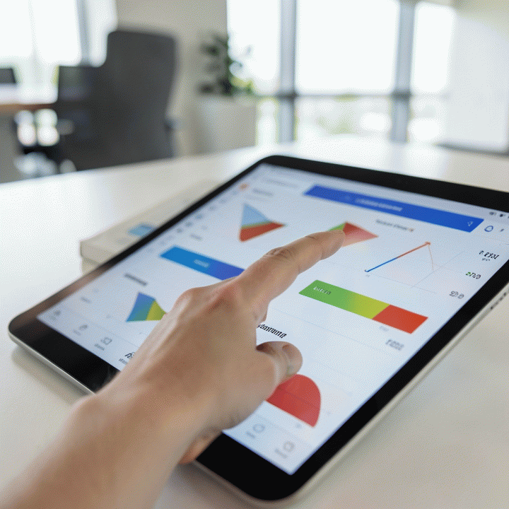 Tangan seseorang yang sedang melacak dan mengelola data prospek kerja dan status lamaran pada antarmuka dashboard digital di tablet.