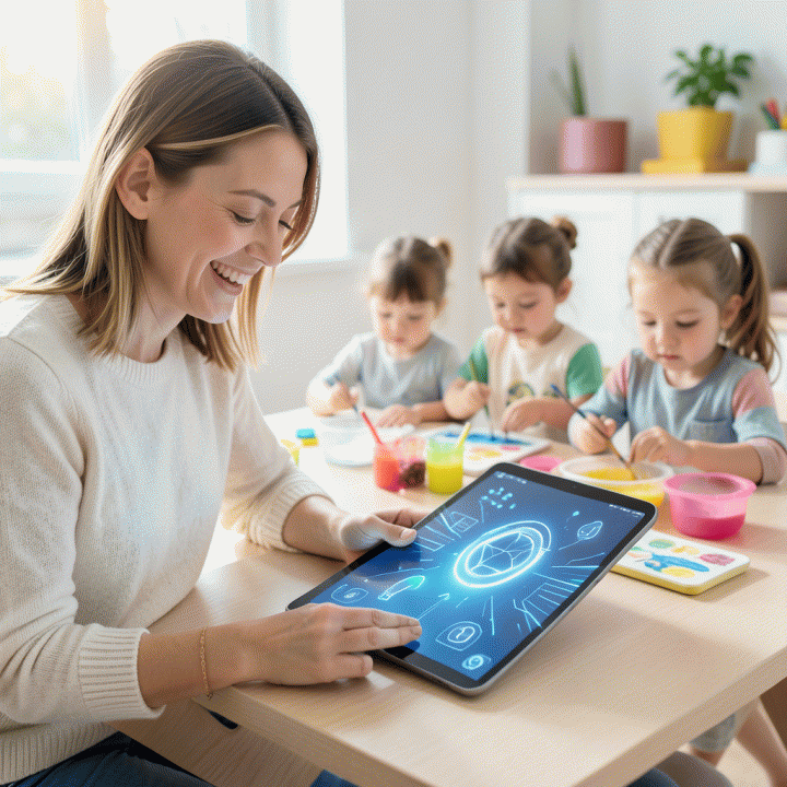 Visualisasi abstrak seorang guru atau orang tua menggunakan teknologi AI untuk mendukung kegiatan belajar bermain anak.