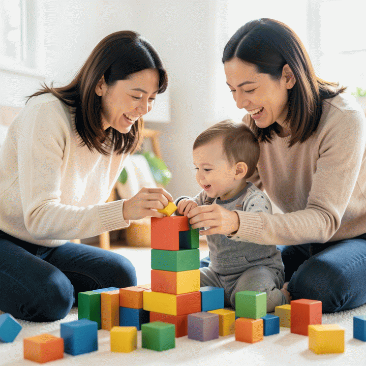 Orang tua yang membantu anak balita membangun menara balok kayu di area bermain yang cerah.