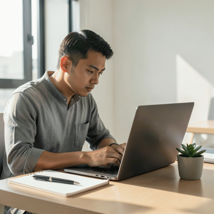 Seorang profesional muda yang fokus bekerja di meja kerja modern dengan suasana tenang dan terorganisir, menunjukkan konsep produktivitas tinggi menggunakan Pomodoro Technique.