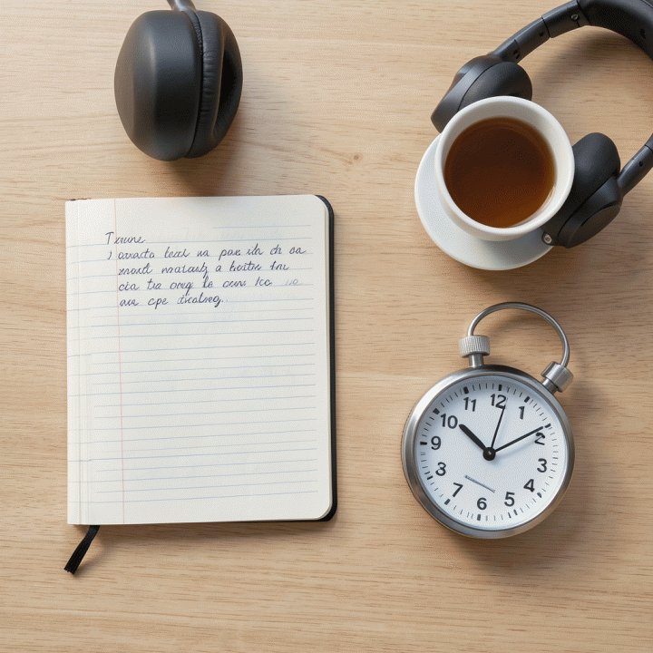 Komposisi flat lay meja kerja minimalis berisi jurnal catatan dan timer yang melambangkan persiapan untuk sesi fokus Pomodoro.