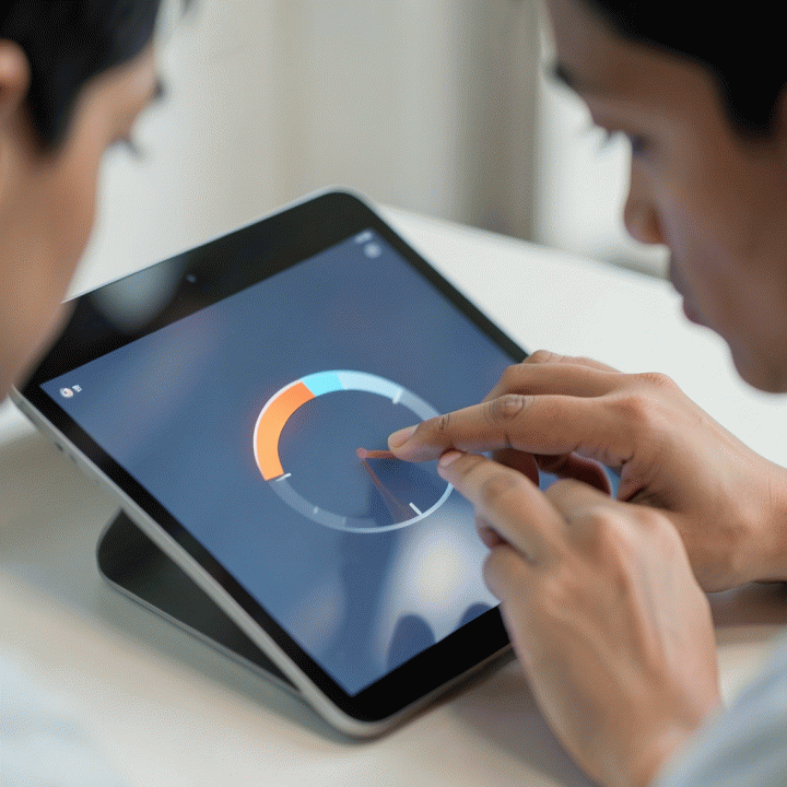 Perakitan tangan yang sedang berinteraksi dengan tampilan digital Pomodoro Timer di layar tablet, menunjukkan sesi fokus 25 menit dimulai.