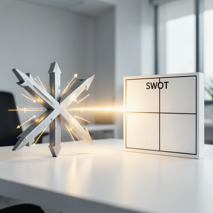 Perbandingan visual antara model kekuatan pasar (Porter&rsquo;s Five Forces) dan model SWOT pada meja kerja, disatukan oleh cahaya insight, melambangkan analisis strategis.