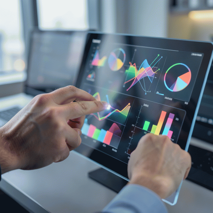 Tangan profesional berinteraksi dengan dashboard data abstrak yang menampilkan perbandingan data untuk mengidentifikasi celah pasar e-commerce.