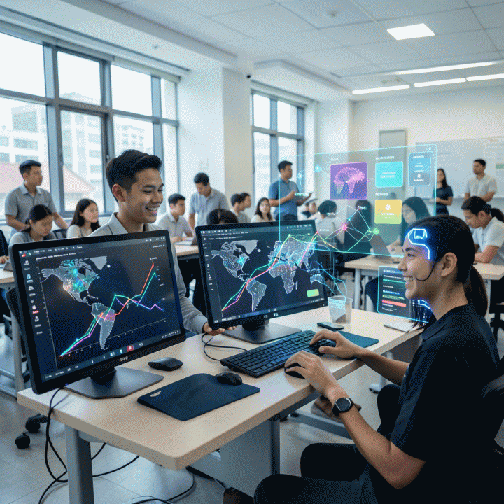 Visualisasi seorang guru Indonesia yang menggunakan teknologi AI untuk menganalisis tren dan merancang kurikulum pembelajaran masa depan di kelas yang modern.