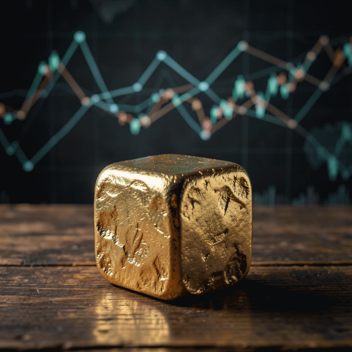 Foto sinematik ingot emas berkilau di atas meja mahoni gelap dengan latar belakang visualisasi data ekonomi global yang abstrak, melambangkan analisis prediksi harga emas.