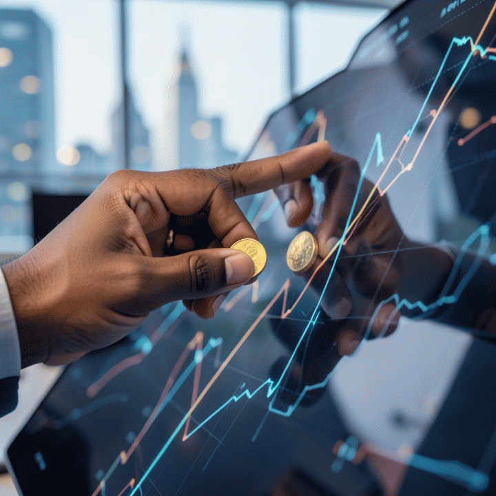 Tangan meletakkan koin emas pada grafik proyeksi keuangan yang menanjak, melambangkan investasi jangka panjang dan prediksi harga emas.