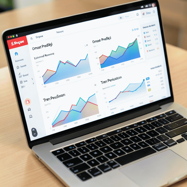 Tampilan dashboard analitik data prediksi omzet dan tren penjualan di laptop.