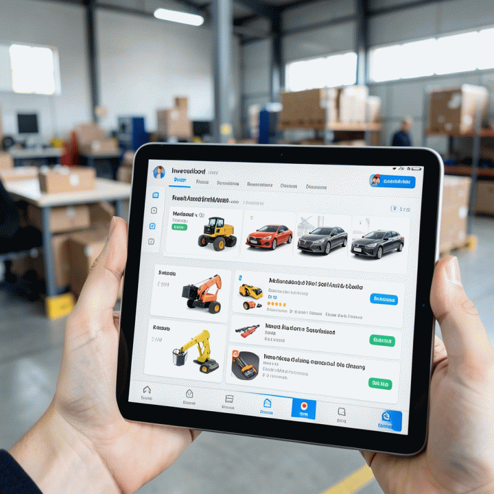 Tampilan close-up dashboard digital yang menunjukkan manajemen inventaris real-time dan status aset dalam bisnis rental.
