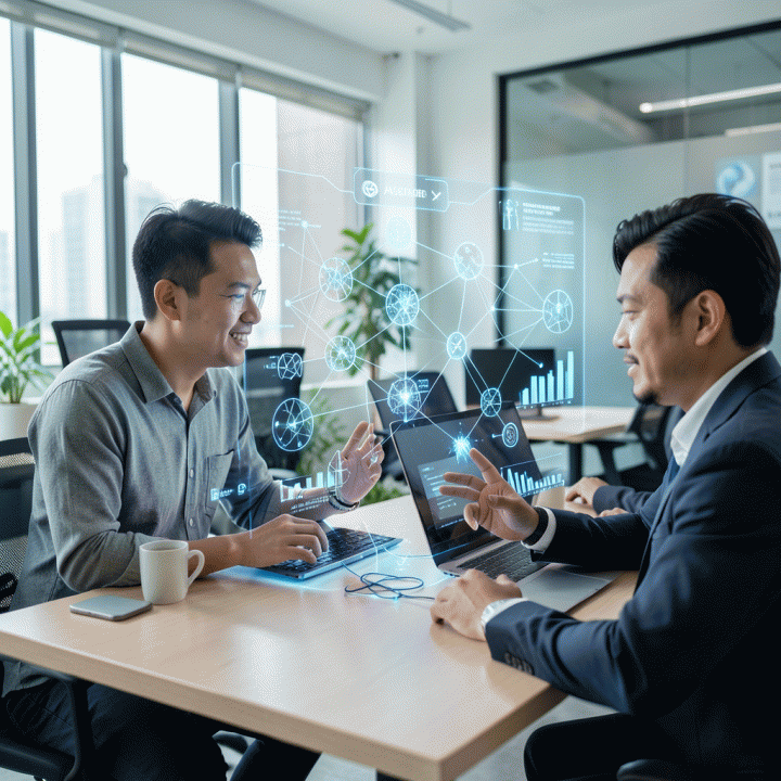 Seorang profesional Indonesia berkolaborasi dengan antarmuka holografik yang menampilkan prediksi tren AI dan strategi konten masa depan di ruang kerja modern.