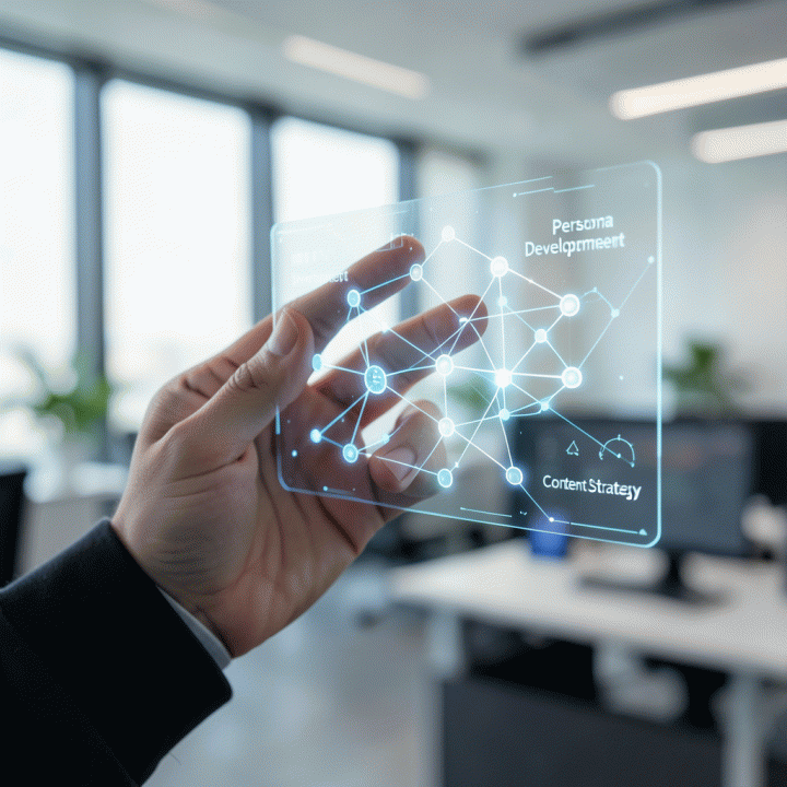 Tangan berinteraksi dengan antarmuka holografik yang menampilkan pengembangan persona dan strategi konten, melambangkan penggunaan AI untuk perencanaan strategis.