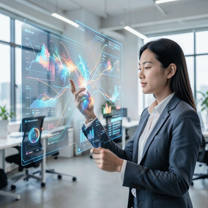 Seorang profesional pemasaran digital menganalisis data tren iklan futuristik pada layar holografik AI di kantor modern.
