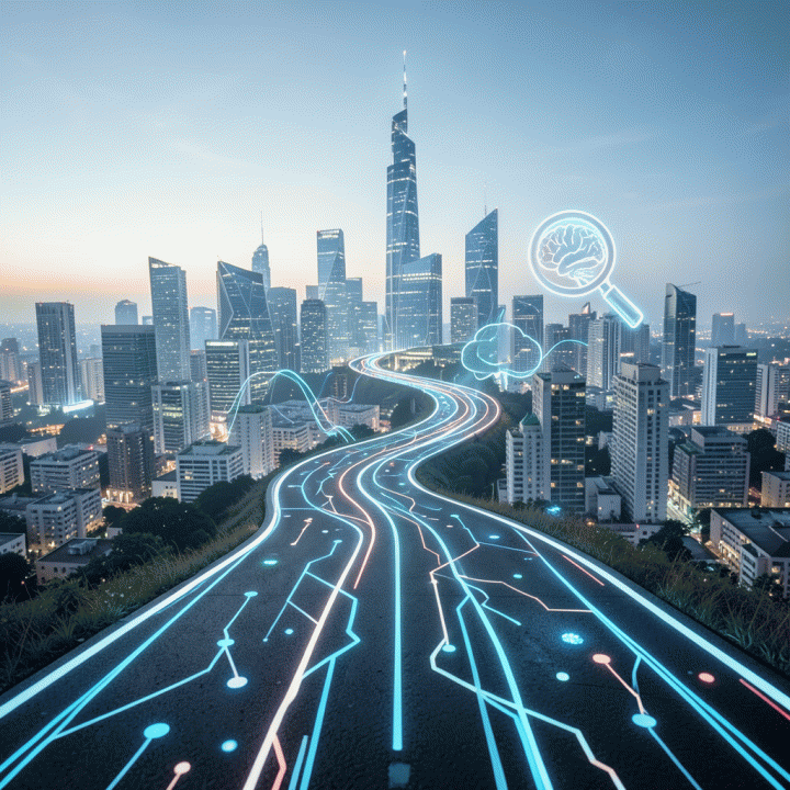 Jalan setapak futuristik yang diterangi data dan wawasan AI, melambangkan prediksi tren dan pertumbuhan bisnis masa depan.