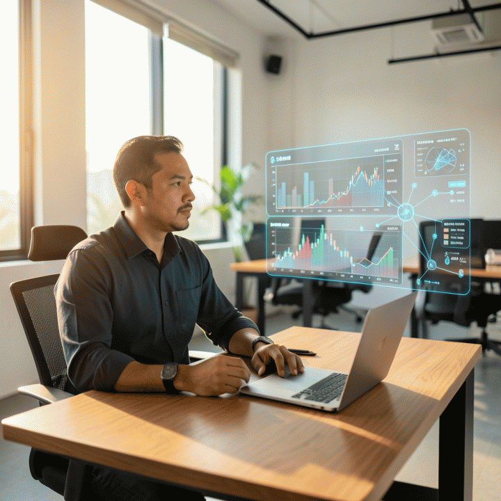 Seorang pendiri startup muda Indonesia berinteraksi dengan antarmuka holografik yang menampilkan prediksi tren pasar dan analisis data AI di ruang kerja modern.