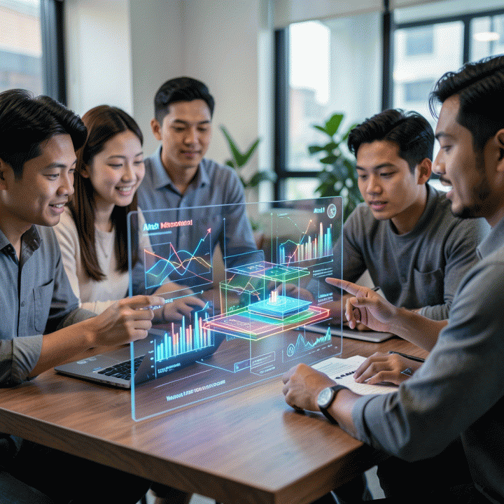 Tim startup Indonesia berdiskusi dan menganalisis blueprint bisnis digital yang divisualisasikan oleh AI.