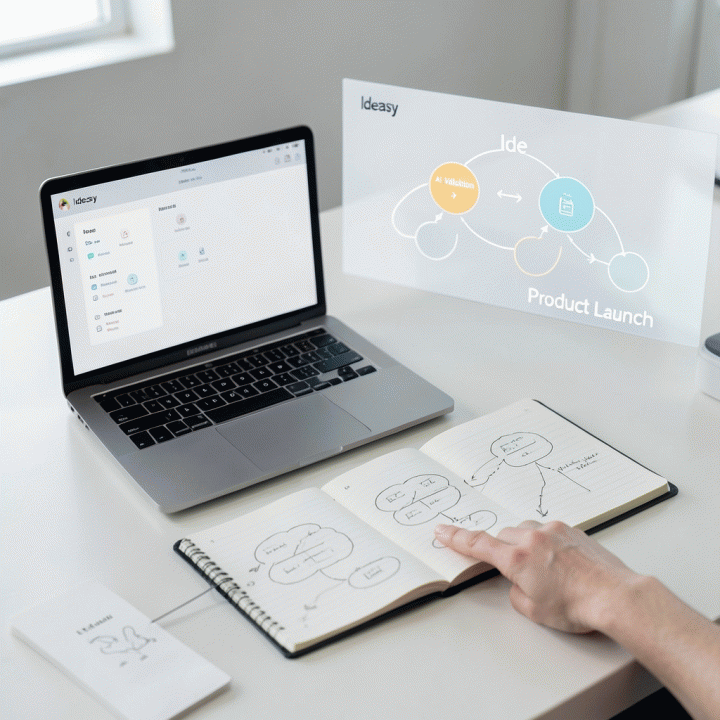 Tampilan meja kerja minimalis yang menunjukkan proses validasi ide bisnis dari konsep hingga rencana pasar digital menggunakan tools AI.