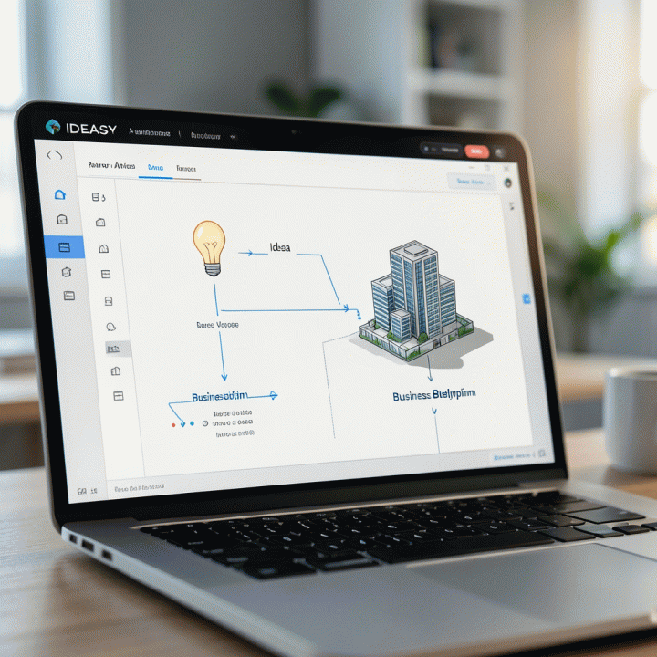 Tampilan antarmuka AI di laptop yang menunjukkan transformasi ide mentah menjadi cetak biru bisnis digital yang terstruktur.