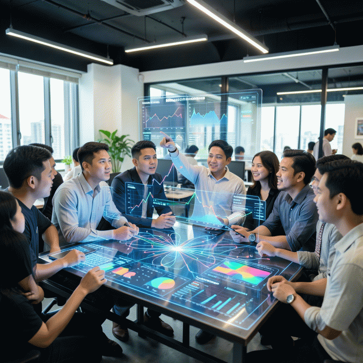 Startup founder dan marketer di Jakarta sedang menganalisis data tren pasar di ruang kerja modern menggunakan teknologi hologram, melambangkan proses prediksi bisnis digital.
