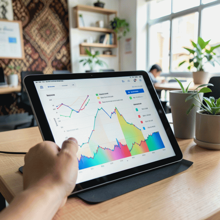 Tangan profesional yang menganalisis data positioning pasar dan tren penjualan pada tablet di lingkungan kerja modern.