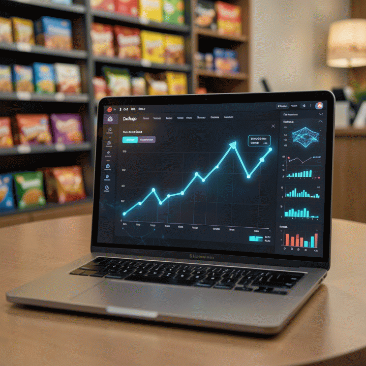 Dashboard analitik e-commerce modern di laptop yang menampilkan prediksi tren penjualan dan positioning pasar di Shopee, menunjukkan data bisnis yang mendalam dan profesional.