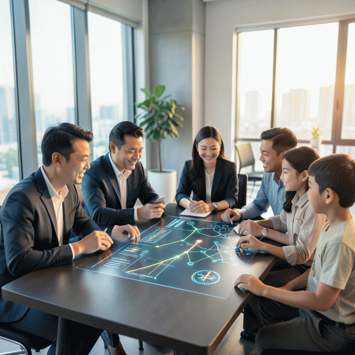 Keluarga Indonesia modern yang sedang merencanakan keuangan di masa depan, dikelilingi oleh proyeksi data hologram tentang tren produktivitas dan pertumbuhan finansial.