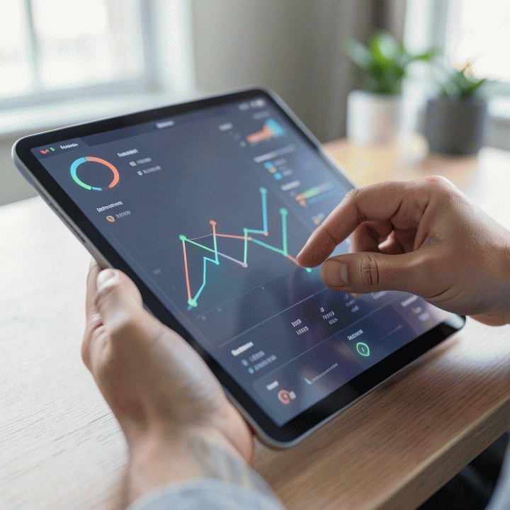Tangan menganalisis dashboard keuangan digital yang menunjukkan tren pertumbuhan dan perencanaan anggaran keluarga jangka panjang.