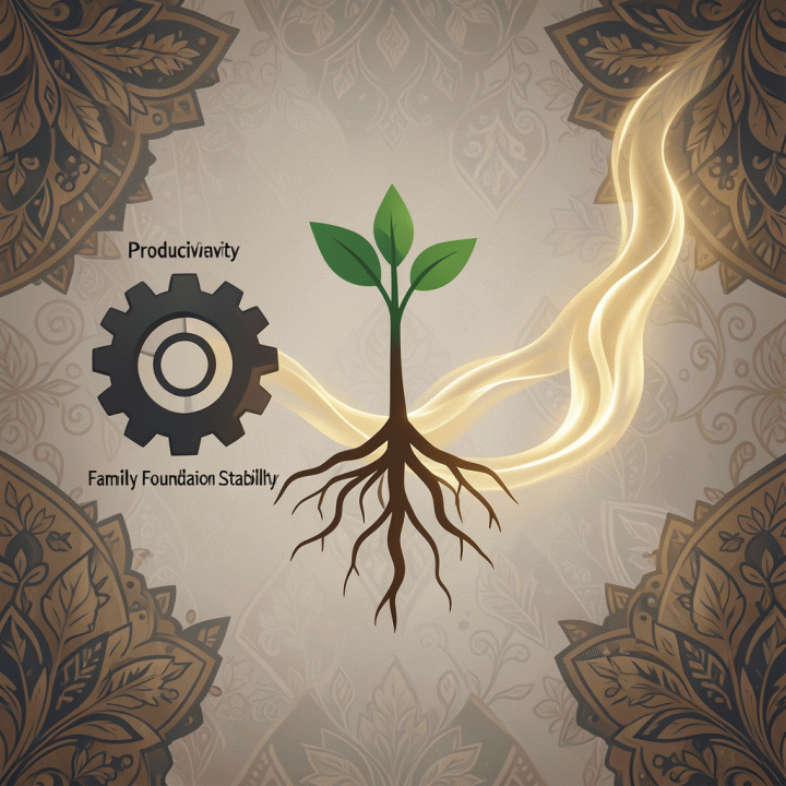 Ilustrasi konsep sinergi antara tren produktivitas bisnis dan fondasi keuangan keluarga yang kuat.