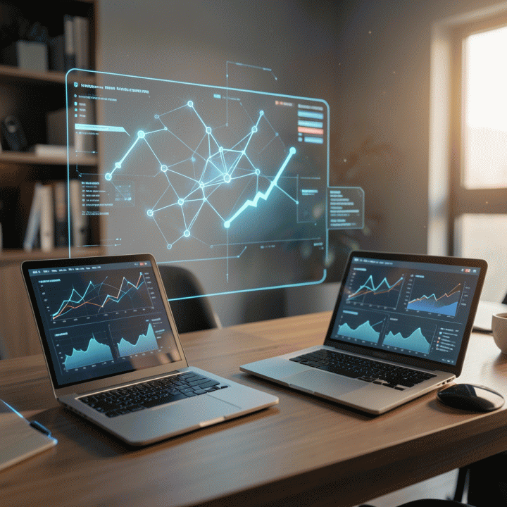 Visualisasi data futuristik dan grafik pertumbuhan e-commerce yang ditampilkan di meja kerja modern, menunjukkan perencanaan strategis untuk tren masa depan.