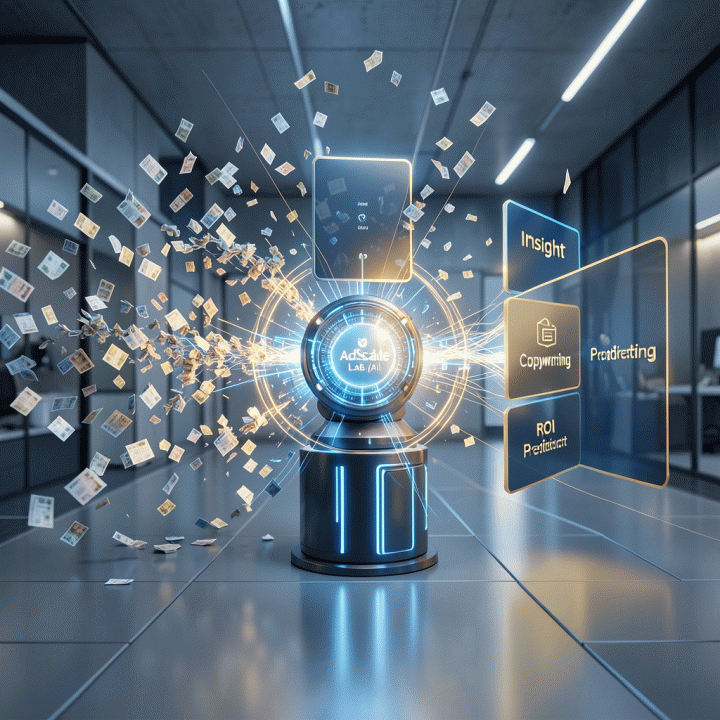 Visualisasi konseptual bagaimana data kompetitor yang berantakan diproses oleh AI menjadi tiga strategi pemasaran yang terdefinisi: insight, copywriting, dan prediksi ROI.