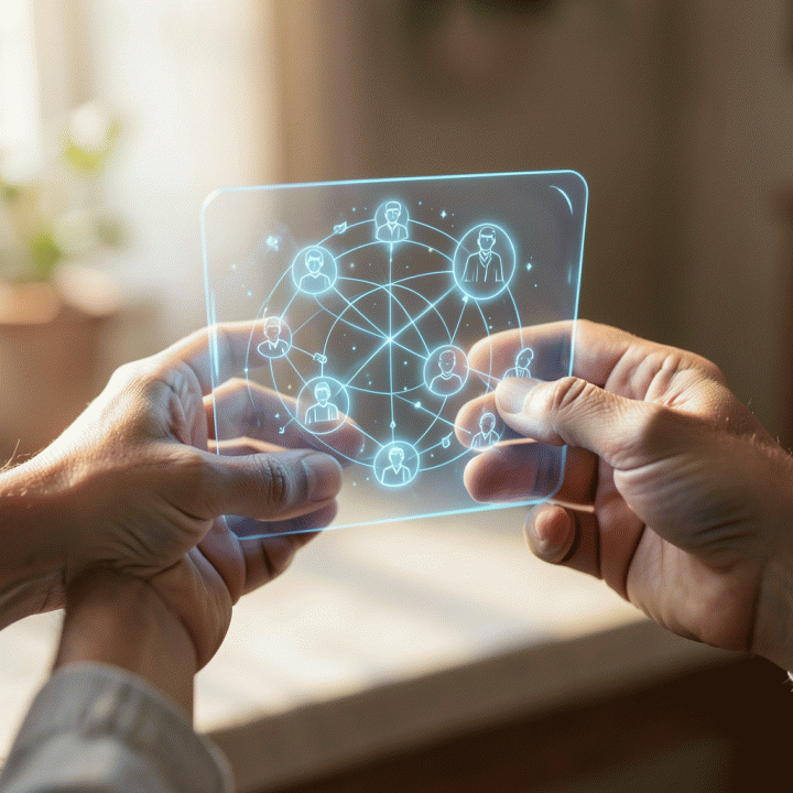 Tangan dari generasi yang berbeda berinteraksi dengan antarmuka digital yang bercahaya, melambangkan pelestarian dan akses memori keluarga lintas generasi.