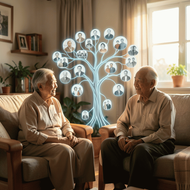Pasangan kakek-nenek Indonesia yang tersenyum melihat silsilah keluarga digital (pohon keluarga) holografik yang indah dan terstruktur, melambangkan pelestarian warisan memori keluarga.