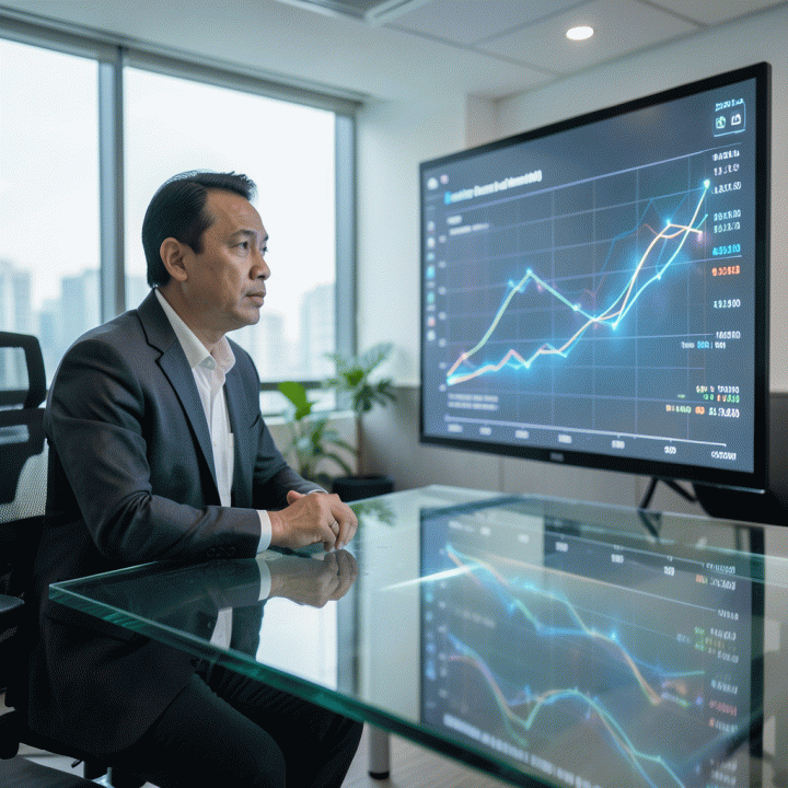 Seorang pemilik UMKM Indonesia yang profesional sedang menganalisis visualisasi data profit dan harga jual optimal pada meja pintar, melambangkan penentuan harga jual maksimal berbasis data.