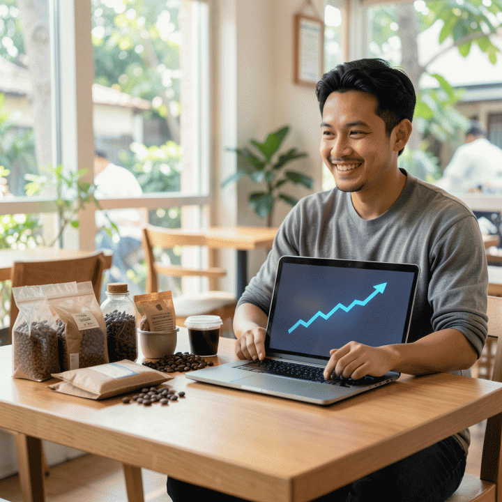 Pemilik bisnis UMKM sedang merencanakan strategi harga jual optimal di meja kerja, dengan data pertumbuhan profit di laptop.