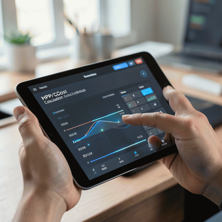 Tangan menggunakan tablet modern untuk menghitung HPP dan menentukan harga jual optimal secara akurat.