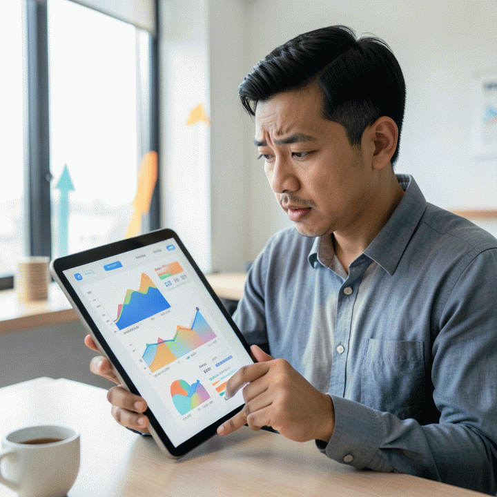 Seorang pengusaha UMKM Indonesia melihat visualisasi data profitabilitas di tablet, melambangkan optimasi harga bisnis.