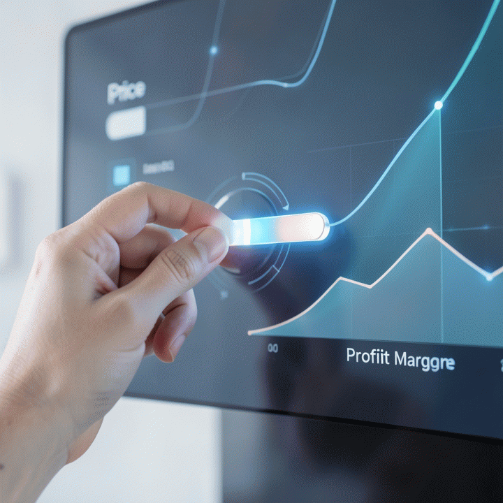 Ilustrasi tangan yang menyesuaikan harga pada antarmuka digital, menunjukkan peningkatan profit margin.