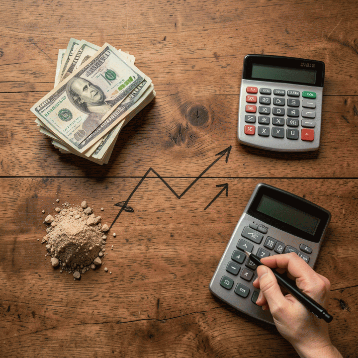 Tampilan datar (flat lay) elemen bisnis yang menunjukkan hubungan antara biaya (HPP), pendapatan, dan garis grafik yang menunjukkan peningkatan profit maksimal.