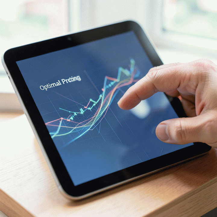 Tangan seorang pemilik bisnis berinteraksi dengan tablet yang menampilkan simulasi visual perbandingan harga jual optimal dan tidak optimal.