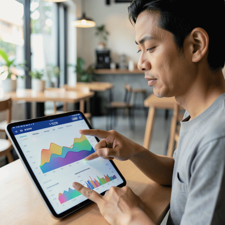 Pemilik UMKM menganalisis data penjualan di tablet, menunjukkan penentuan titik harga optimal berdasarkan visualisasi data yang kompleks.