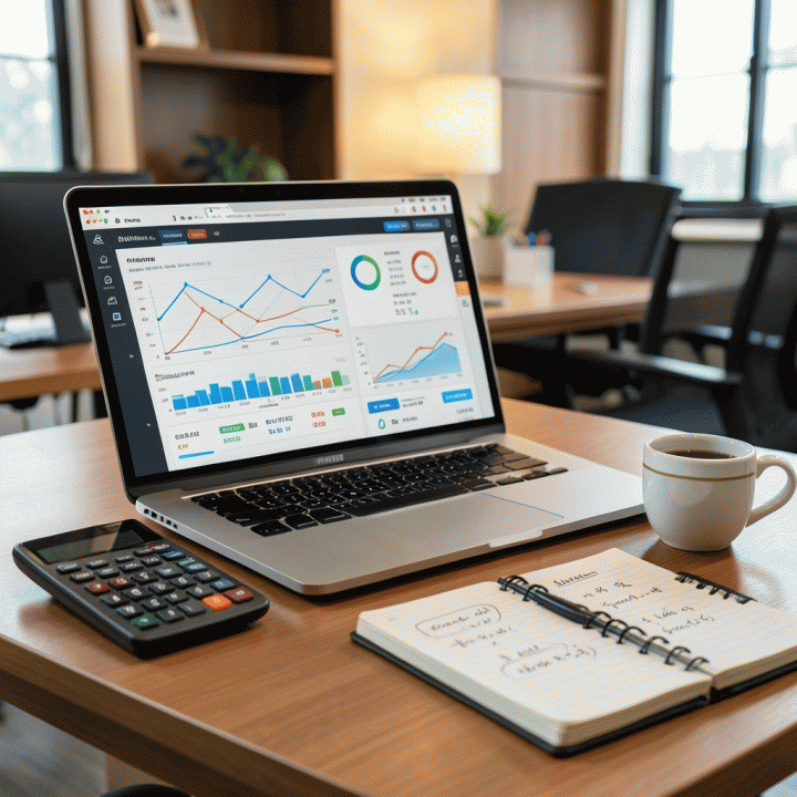 Meja kerja bisnis modern dengan laptop menampilkan visualisasi data keuangan kompleks, menunjukkan proses optimasi harga jual yang akurat dan profesional.